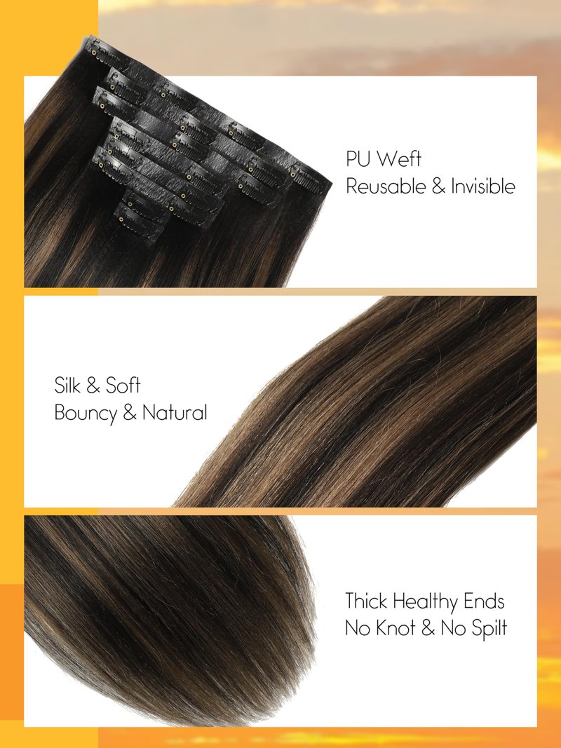 Caliee Seamless Yaki Straight Clip ins 14 Inch Balayage Natural Black Mixed Chestnut Brown Light Yaki Clip ins for Black Women 115G 8 Pcs Invisible PU Weft