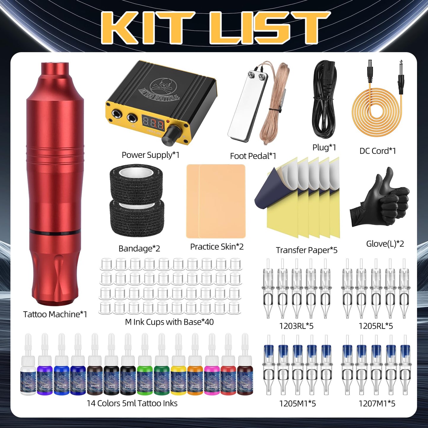 ATOMUS Tattoo Gun Machine Kit, Pen Style Tattoo Cartridge Machine with 14 Color 5ml Inks Power Supply 20pcs Tattoo Cartridge Needles Foot Pedal