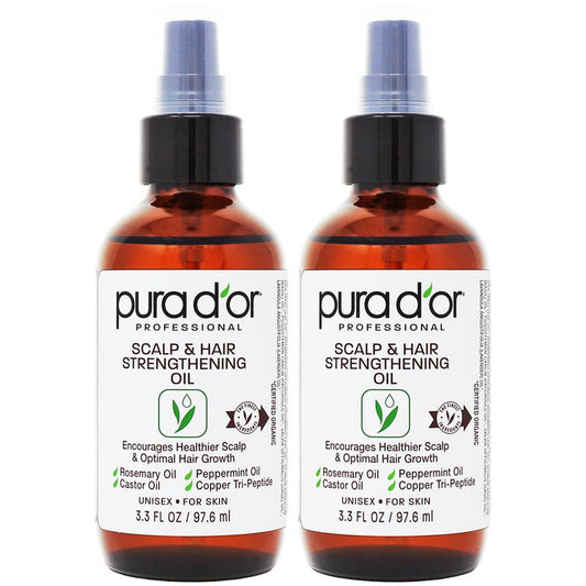 PURA D'OR Scalp & Hair Strengthening Oil (3.3oz x2 = 6.6oz) Supports Optimal Growth, Reduce Breakage, Nourish Roots for Healthier, Fuller, Thicker Hair - Rosemary, Castor & Peppermint Oil
