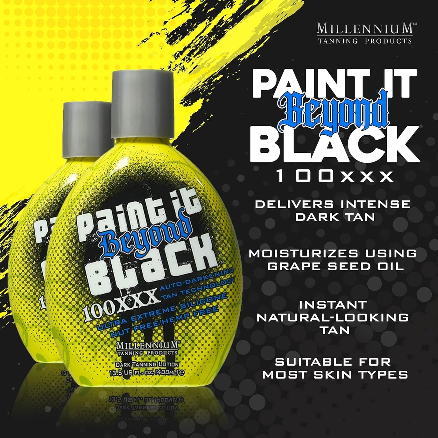 Millennium Tanning Paint it Beyond Black 100 XXX Dark Tanning Lotion Accelerator for Indoor Tanning Beds & Outdoor Sun Tan with Bronzer, 13.5 Oz