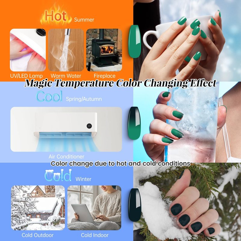 YTD Likomey Color Changing Gel Nail Polish Set,Summer 8 Colors Shimmer Brocade Glitter Mood Temperature Change Colors Kit,Black Green Red Blue Purple UV Thermal Manicure Color Gel,7.5ml