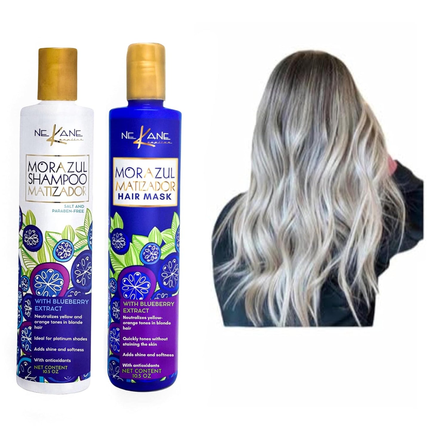 Nekane Morazul Blue Toning Shampoo & Hair Mask Kit - 10.58 oz Each for Blonde & Gray Hair Care