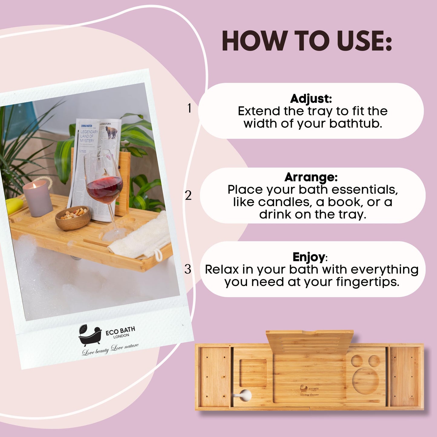 Eco Bath London Luxury Bamboo Bath Tray - Adjustable Bathtub Caddy with Book Holder Wine Glass Slot Phone Stand, Expandable Bath Shelf for Tub, Spa Bath Accessories Gift for Women and Men