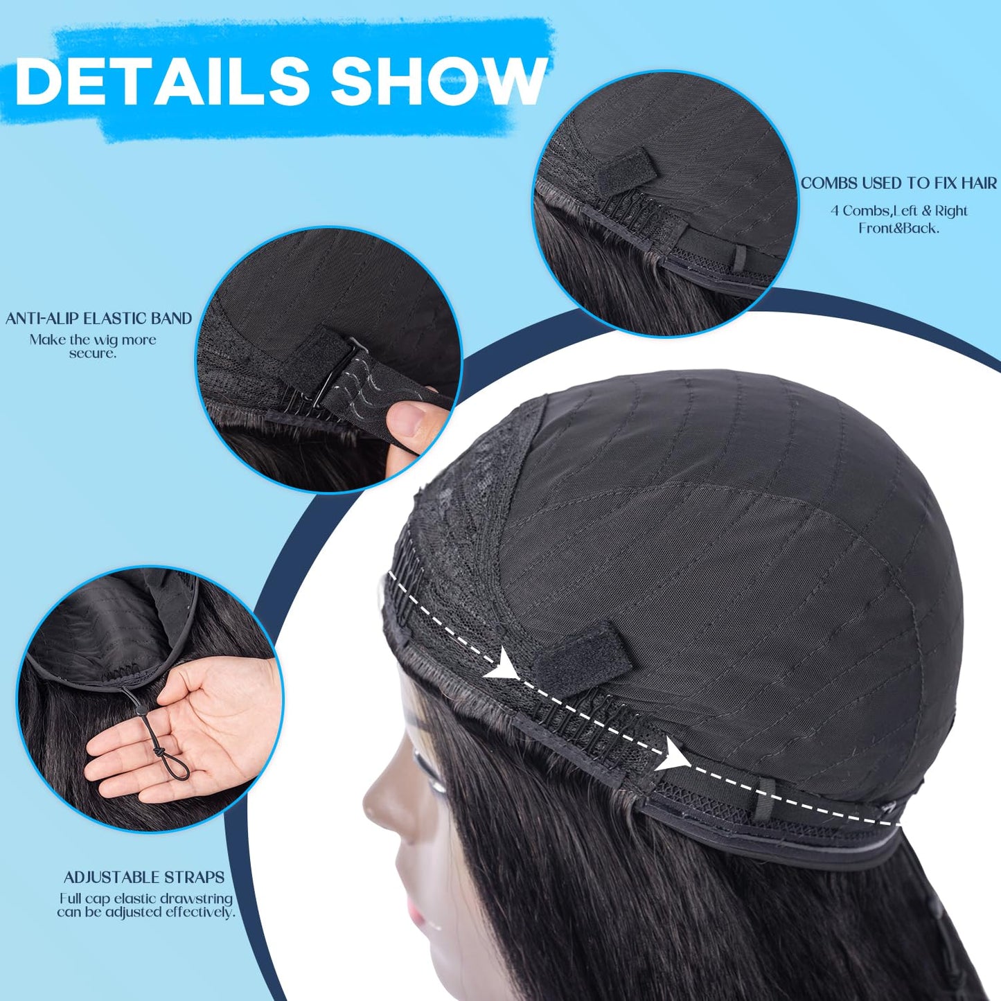 CARA 3 in 1 Half Wig kinky straight, Seamless Flip Over Half Wigs Glueless Wear and Go Beginner Friendly Clip In Hair Drawstring Headband Wig for Women 1B (22inch)