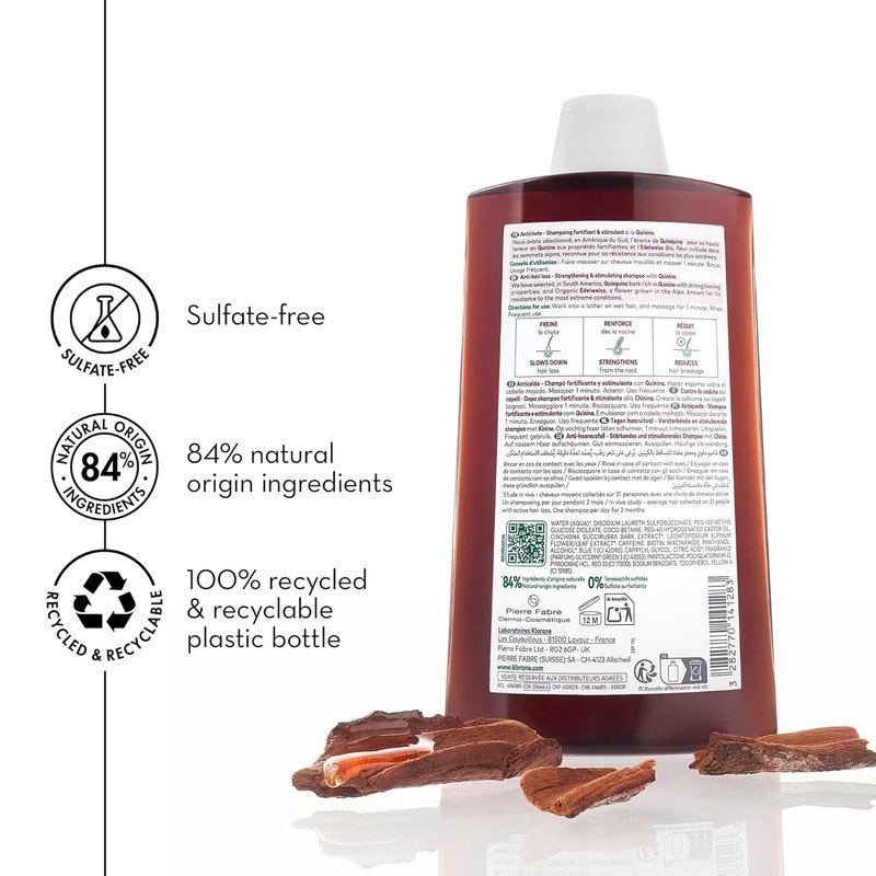 Klorane Strengthening Shampoo with Quinine - Natural Thickening Formula for Thinning Hair | 13.5 fl. oz.