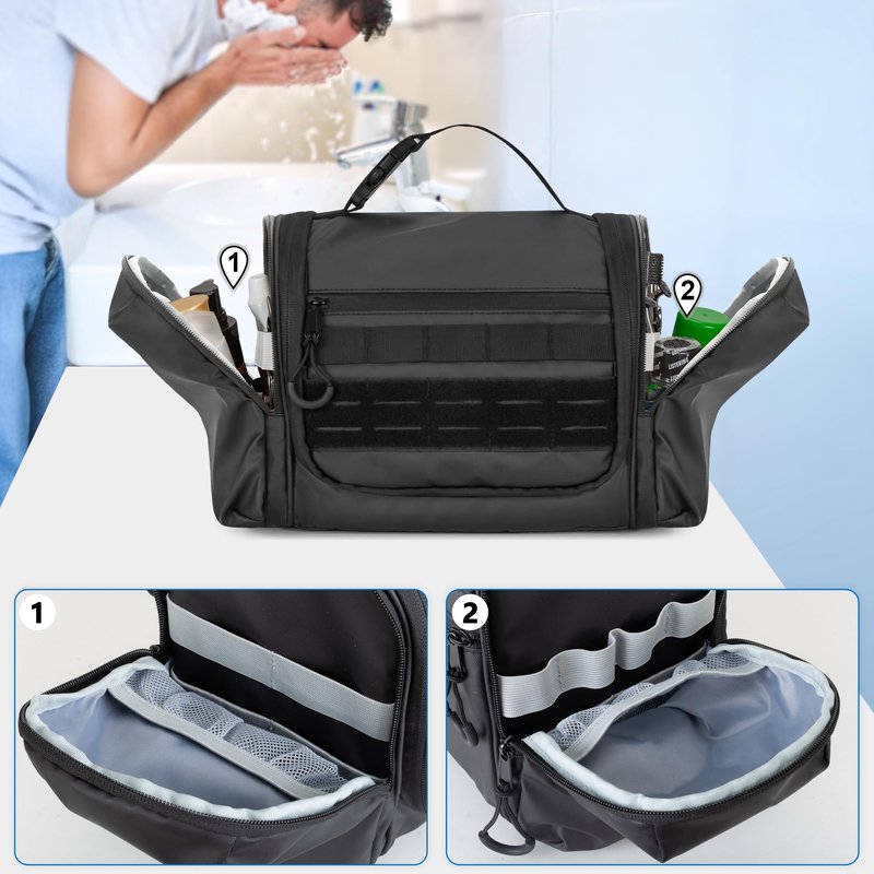 Prokva Hanging Toiletry Bag for Men, Tactical Dopp Kit Toiletry Travel Bag, Large Hygiene Organizer Shower Bag for Camping Outdoor, Black