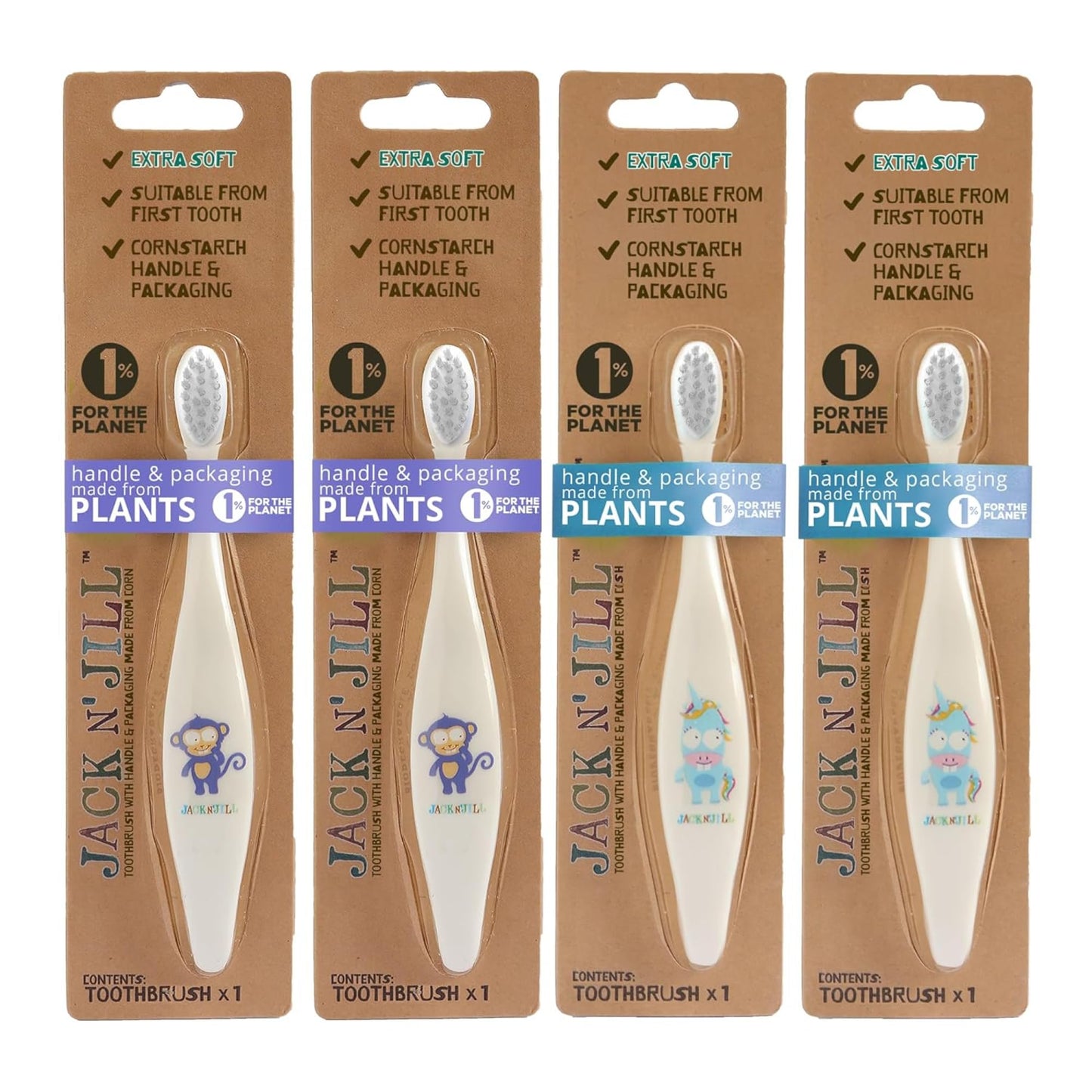 Jack N' Jill Baby & Toddler Toothbrush - Non Toxic Kids Toothbrush, Extra Soft Bristles, Suitable from First Tooth, Plant-Based Handle, for Girls & Boys - Assorted Characters (4 Pack)