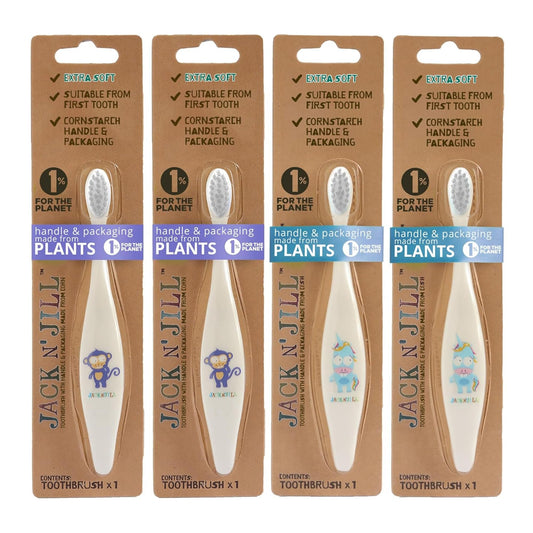 Jack N' Jill Baby & Toddler Toothbrush - Non Toxic Kids Toothbrush, Extra Soft Bristles, Suitable from First Tooth, Plant-Based Handle, for Girls & Boys - Assorted Characters (4 Pack)