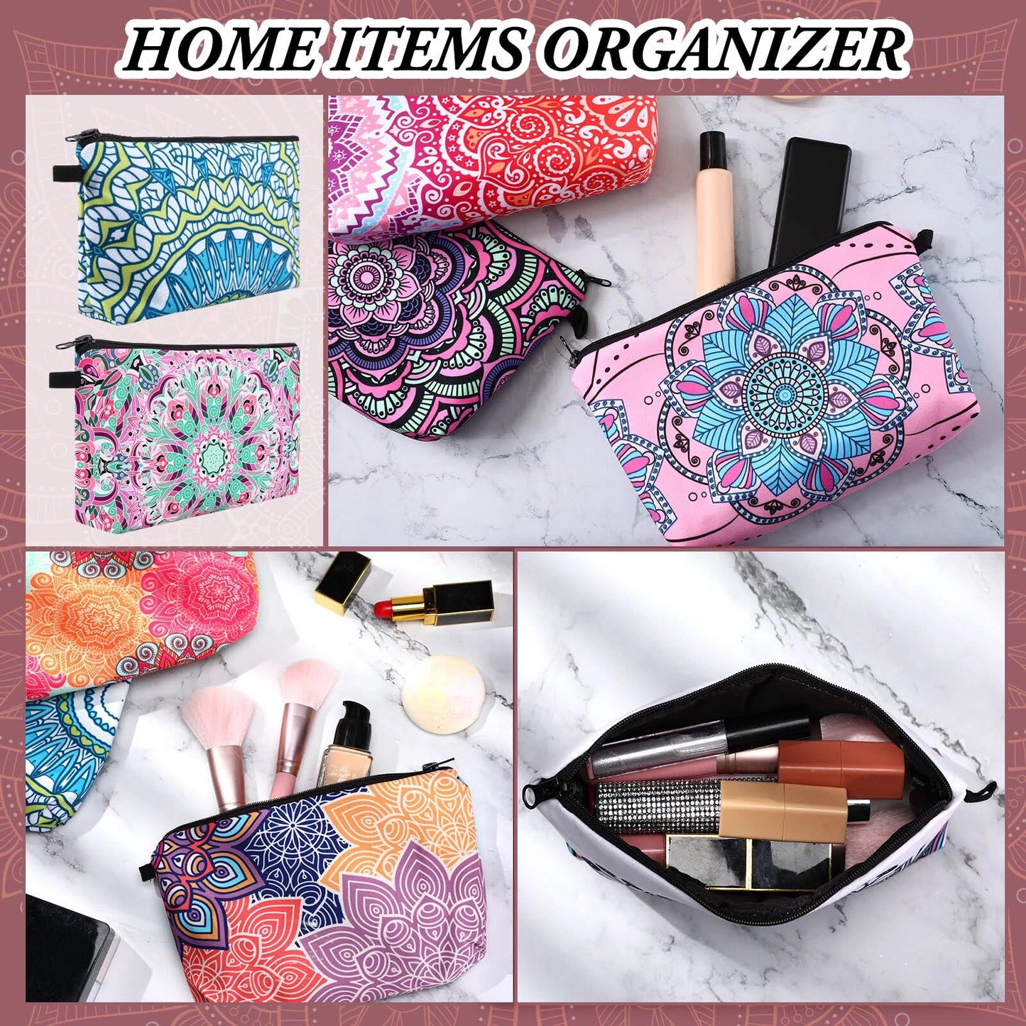Dunzy 16 Pcs Bulk Makeup Bag for Women Gifts for Mom Canvas Cosmetic Bags with Zipper Pouches Waterproof Travel Toiletry Organizer for Girls Mother Teacher Nurse Bridesmaids (Mandala)
