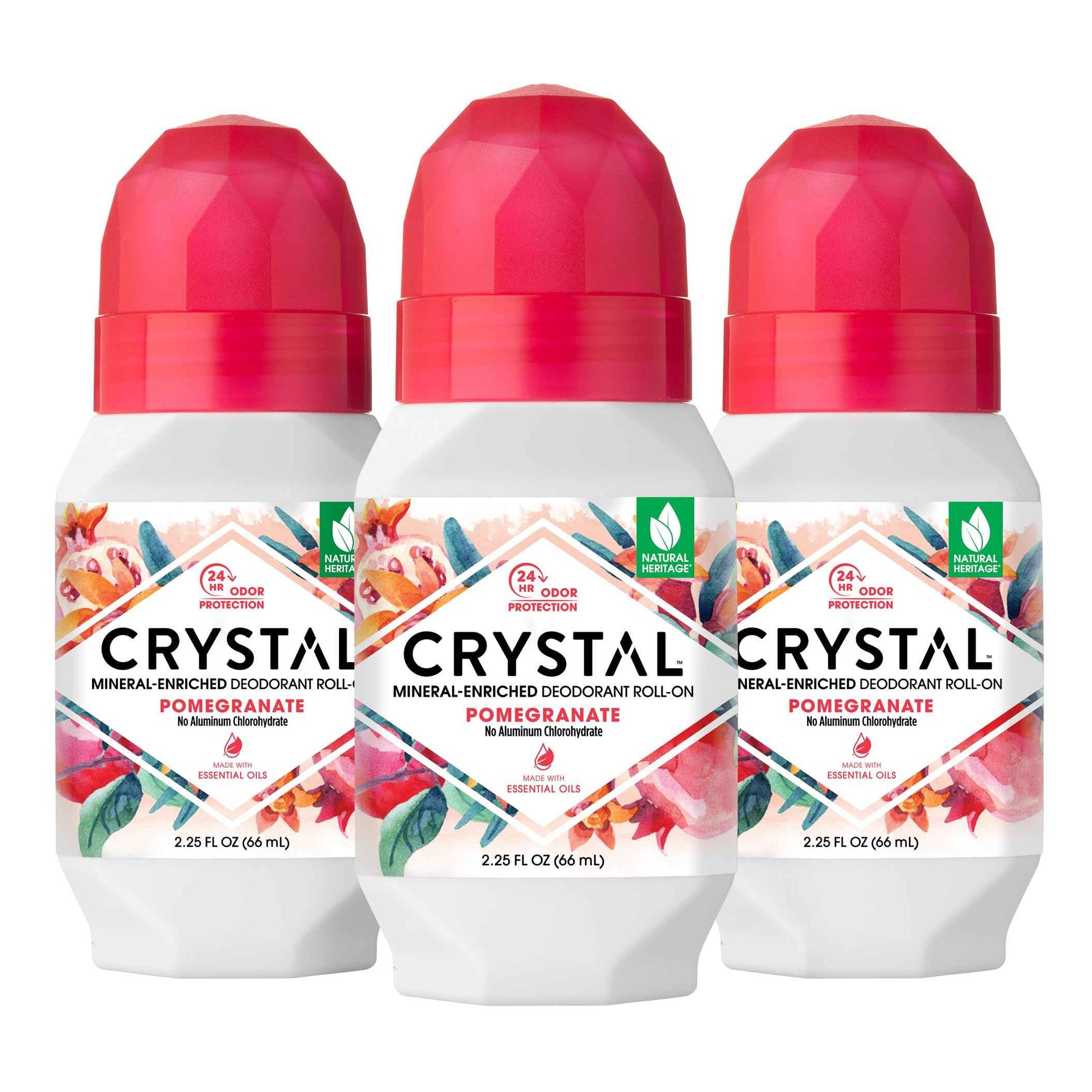 Crystal Mineral Deodorant Roll-On Body Deodorant With 24-Hour Odor Protection, Pomegranate, Non-Sticky Roll-On, Aluminium Chloride, 2.25 FL OZ - 3 pack