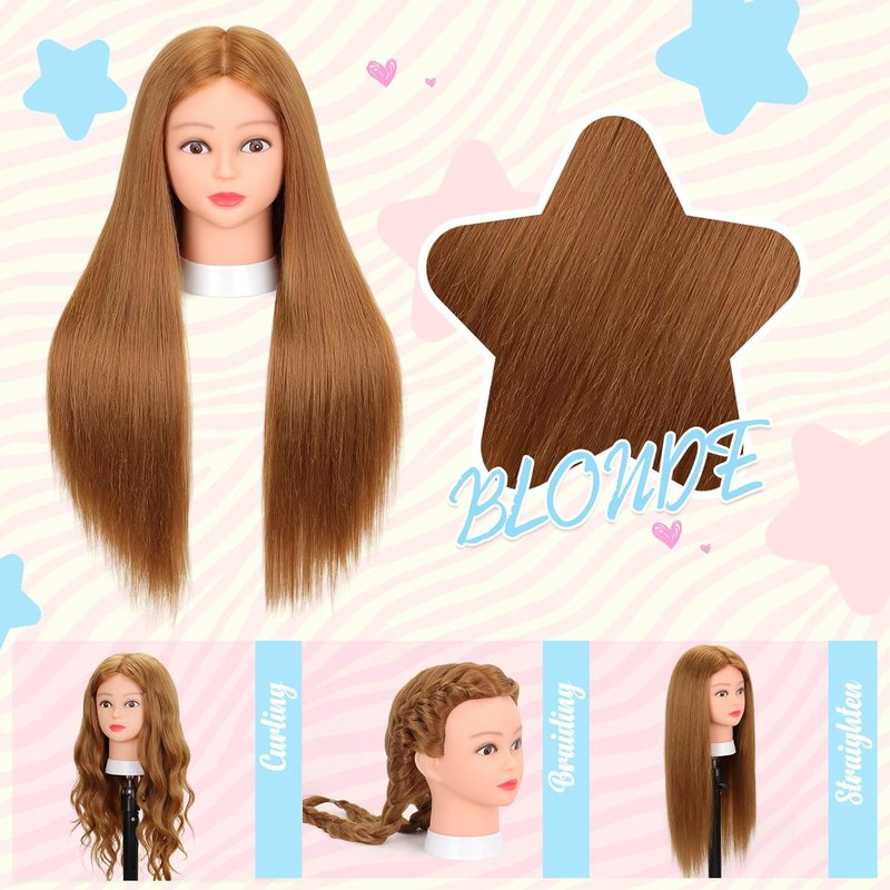 Mannequin Head with 80% Real Human Hair - 26-28" Cosmetology Styling Practice Doll | Includes Clamp Stand & Tools (Blond)