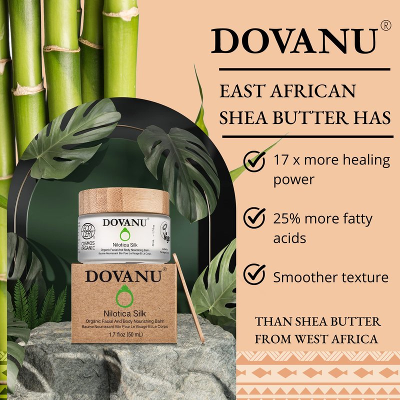 DOVANU Nilotica Silk East African Shea Butter Raw Organic & Vegan for All Skin Types - Ultimate Hydration & Repair - Paraben, GMO, & Fragrance Free - 1.7 fl oz Jar