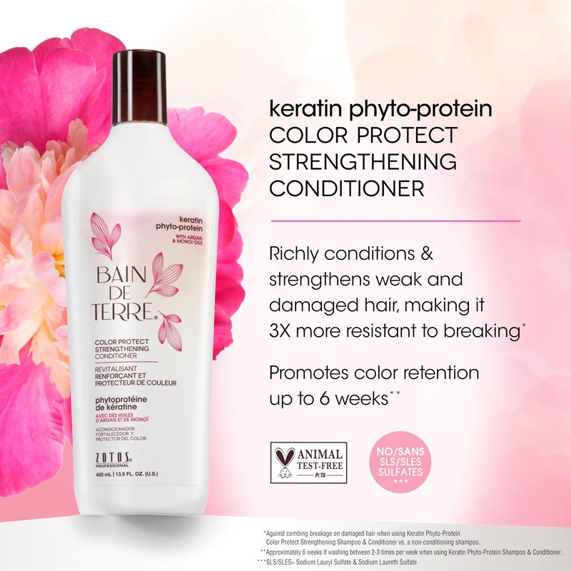 Bain de Terre Keratin Phyto-Protein Color Protect Strengthening Conditioner, Color-Safe Strengthening for Weak & Damaged Hair, Sulfate-Free, Paraben-Free 33.8 Fl Oz