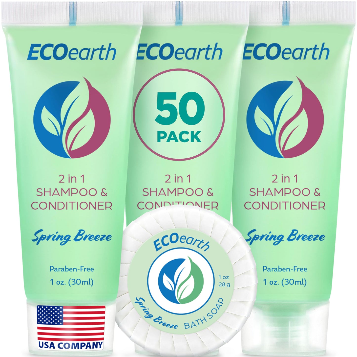 EcoEarth Round Soap Bars, 2in1 Shampoo & Conditioner 2-Piece Set (Spring Breeze, 1 oz each, 100 pc), Delight Your Guests with Revitalizing & Refreshing Hotel Toiletries & Hotel Amenities