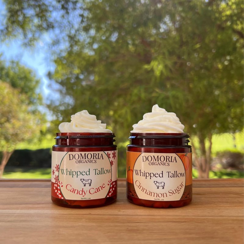 Domoria Organics 100% Grass-Fed Tallow Balm - Holiday Edition Gift-Set, Candy Cane & Cinnamon Sugar, Herb-infused for Men, Women, Psoriasis, Eczema, Dry Sensitive Mature Skin Value Size, 2 Pack