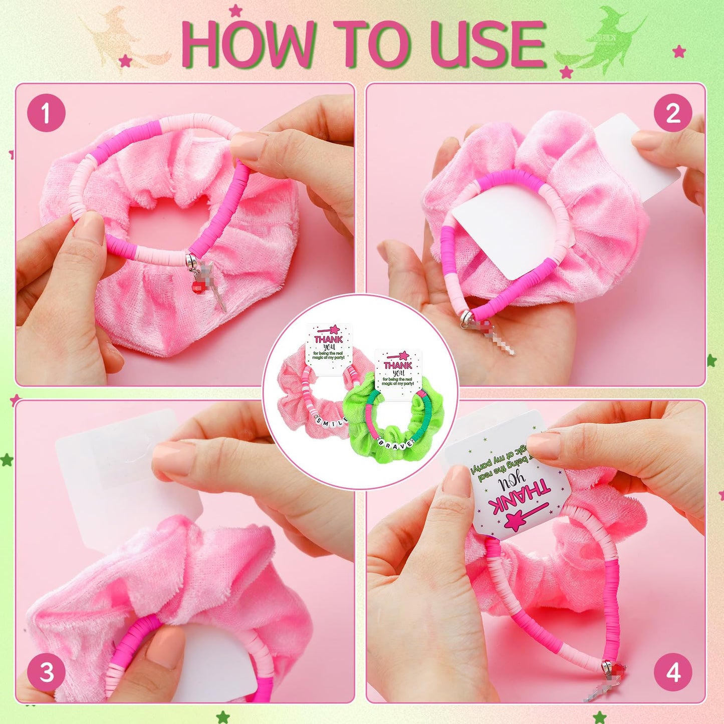 FineCheer 10 Sets Green and Pink Witch Gift for Girls Friendship Magic Bracelet and Scrunchie Bulk for Teen Themed Birthday Party Inspirational Thank You Gifts(Witch Theme)