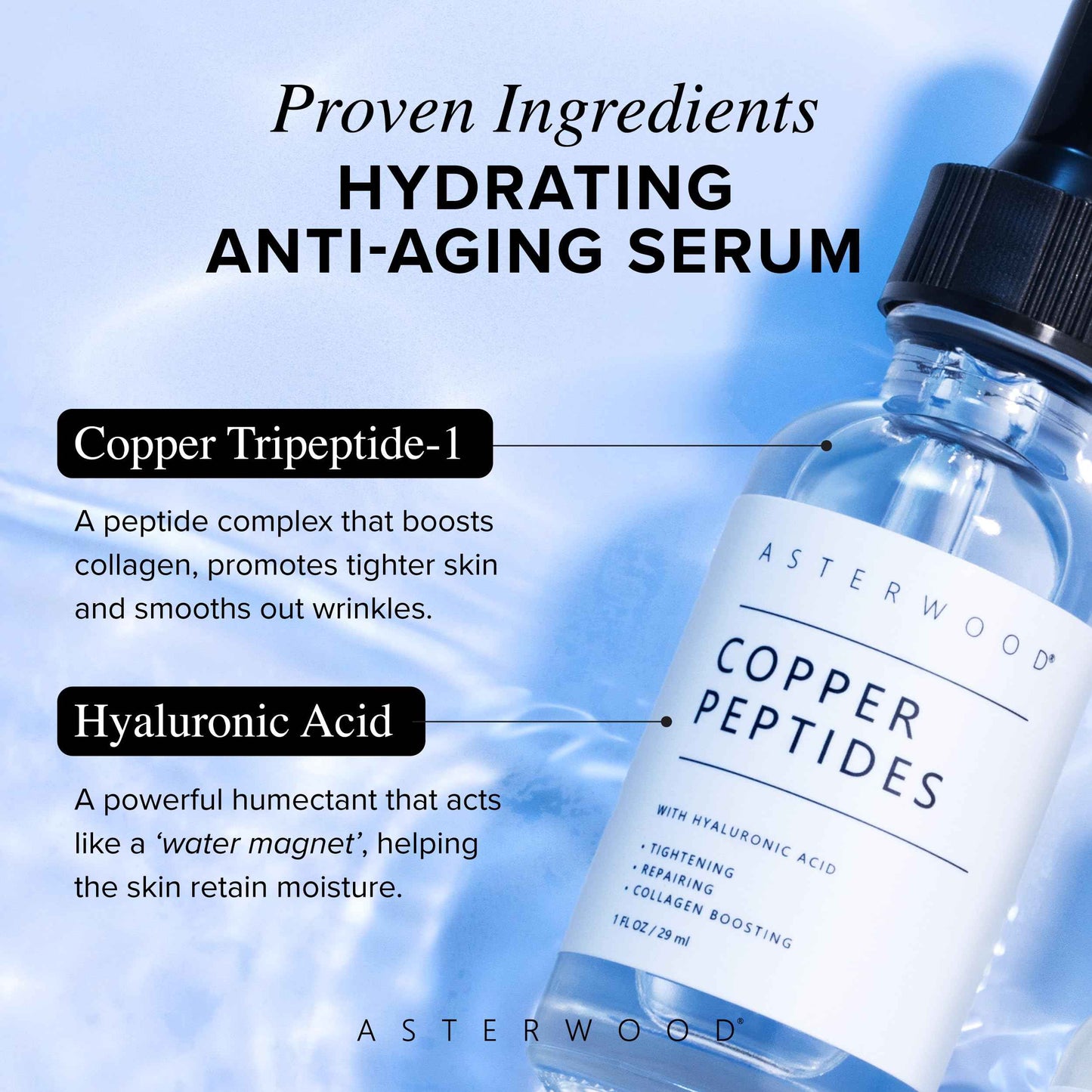 Asterwood Copper Peptides Serum for Face - with GHK-Cu and Hyaluronic Acid - Anti-Aging Facial Serum - 1 Fl Oz