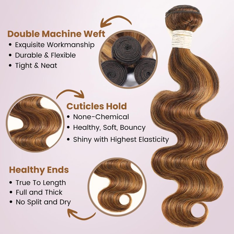 ALHER 4/27 Honey Blonde Highlight Body Wave Ombre Human Hair Bundle 16 Inch Brown Colored Bundles 12A 100% Brazilian Virgin Remy Human Hair Soft Wavy Weave 4/27 Highlight Color