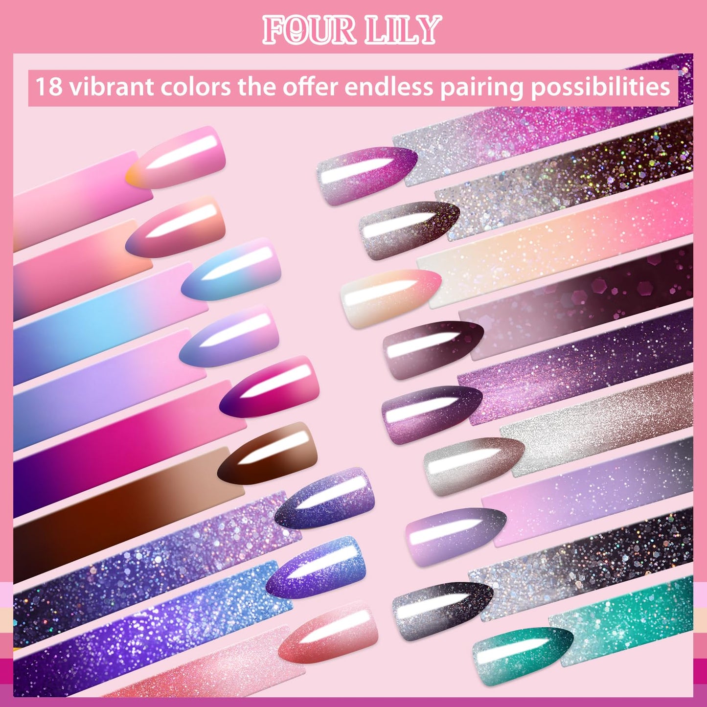 Four Lily Color Changing Gel Nail Polish Set, 18 Temperature Mood Changing Colors Red Pink Purple, Soak Off UV Light Cure Gel Polish for Salon and Nail Art DIY at Home