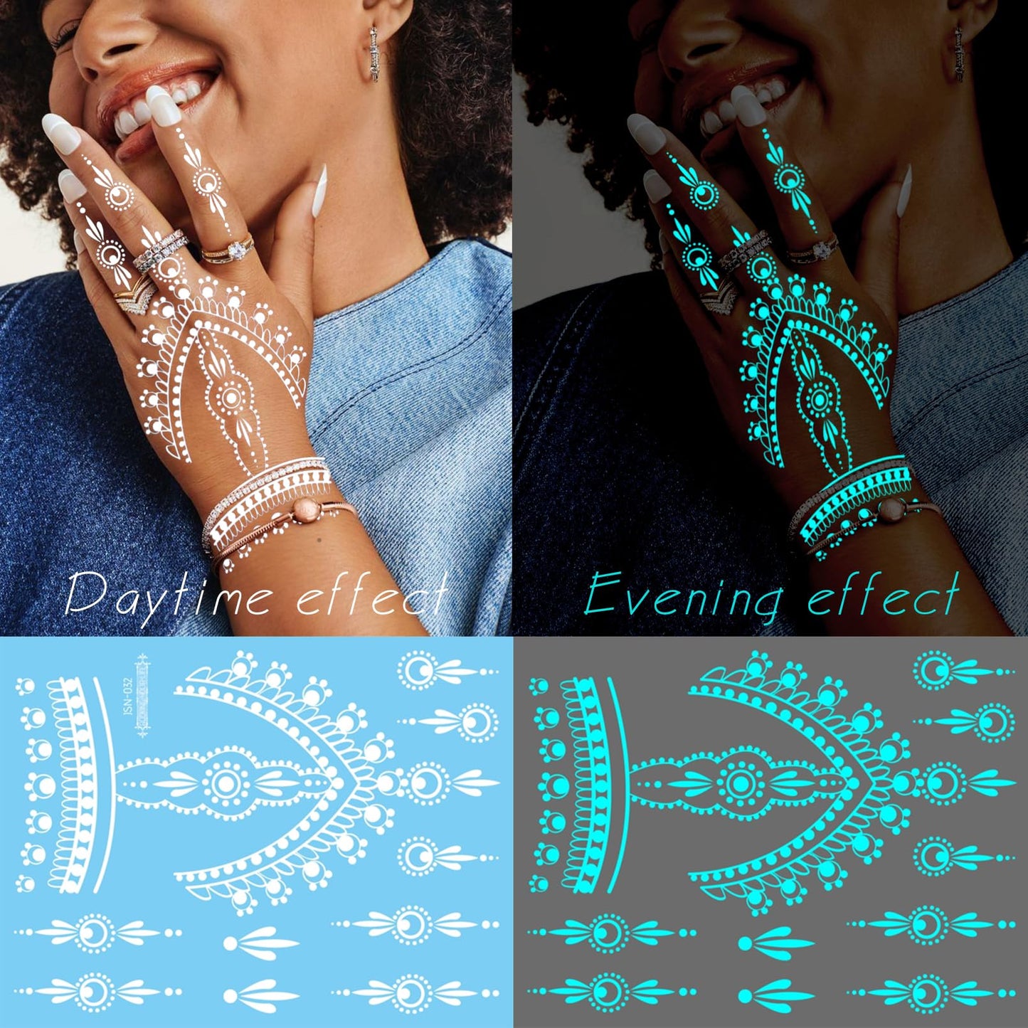 Casciybo Glow In The Dark Tattoo 7 Sheets for Women, UV Blacklight Reactive Face Temporary Tattoos for Adults Fake Flower Butterfly Waterproof Face Body Arm Tattoo, Night Glitter Party Supply
