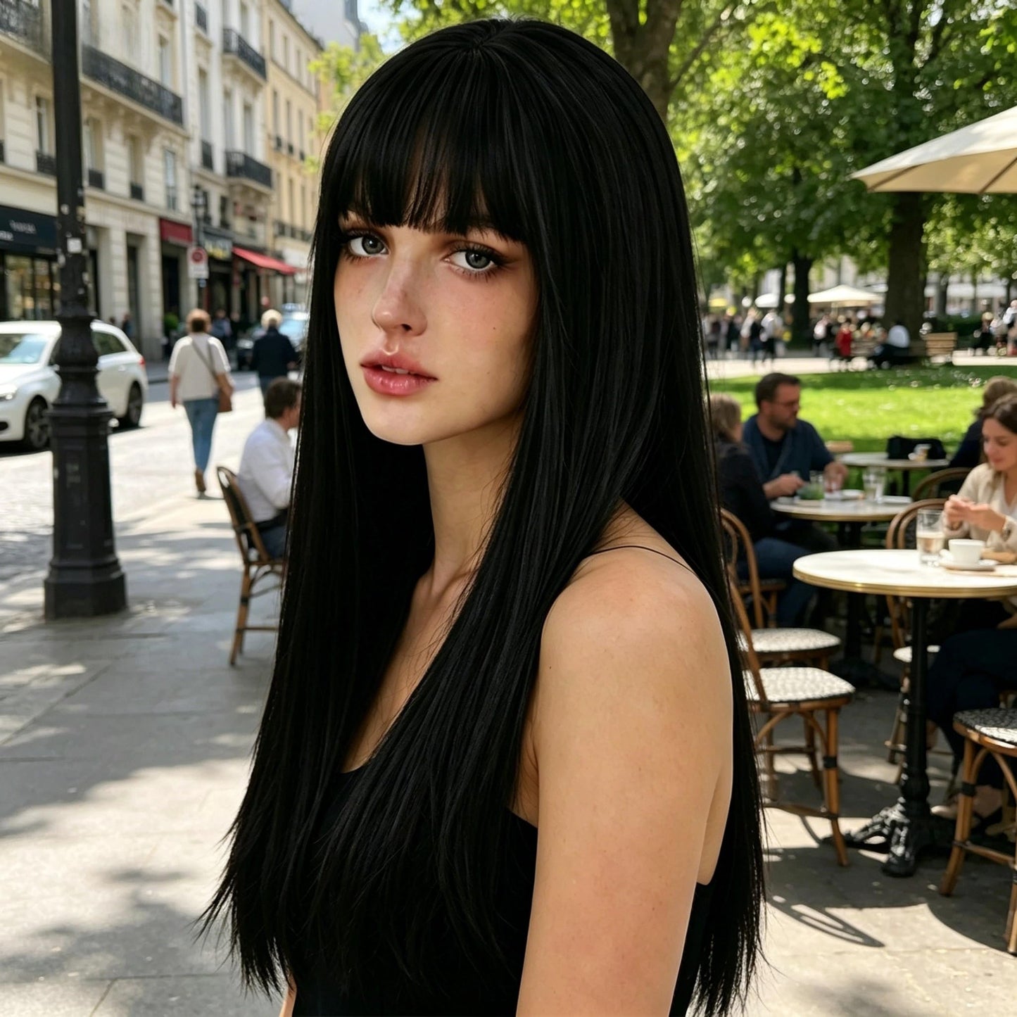 HUAISU 22 Inch Long Black High Density Synthetic Straight Hair Wig with Bangs Natural Looking Wig for Women