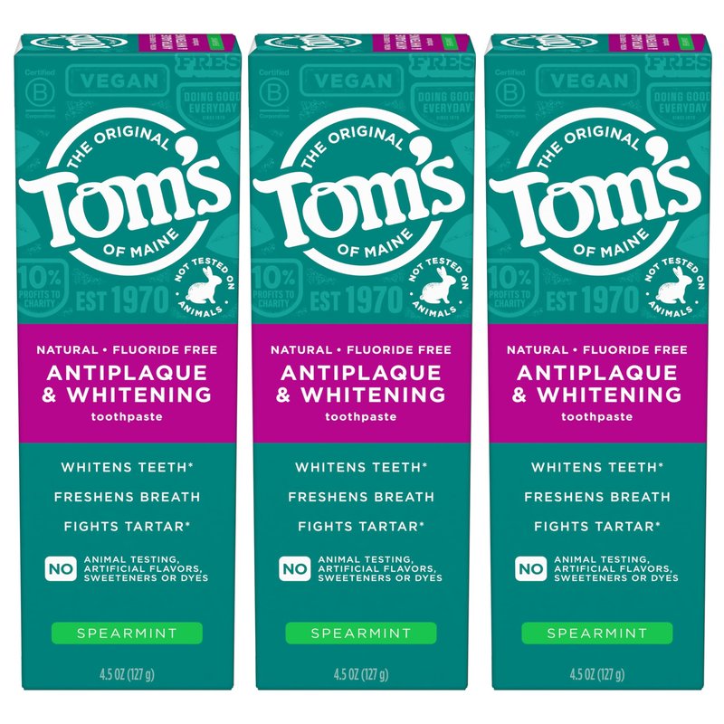 Tom’s of Maine Antiplaque and Whitening Toothpaste, 3 Pack, Natural Fluoride Free Toothpaste, SLS Free Formula, Helps Whiten Teeth and Fights Tartar, Gluten Free, Spearmint, 4.5 oz