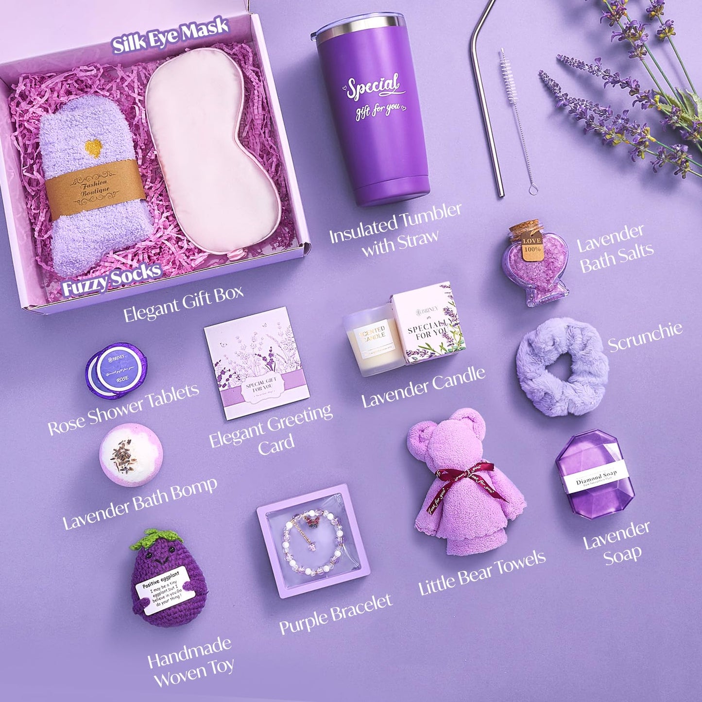 Briney Gift Baskets for Women, Mothers Day Gifts for Friends, Purple Birthday Valentines Women Day Easter Gifts Lavender Care Package Spa Basket for Girlfriend Wife Mom Sister