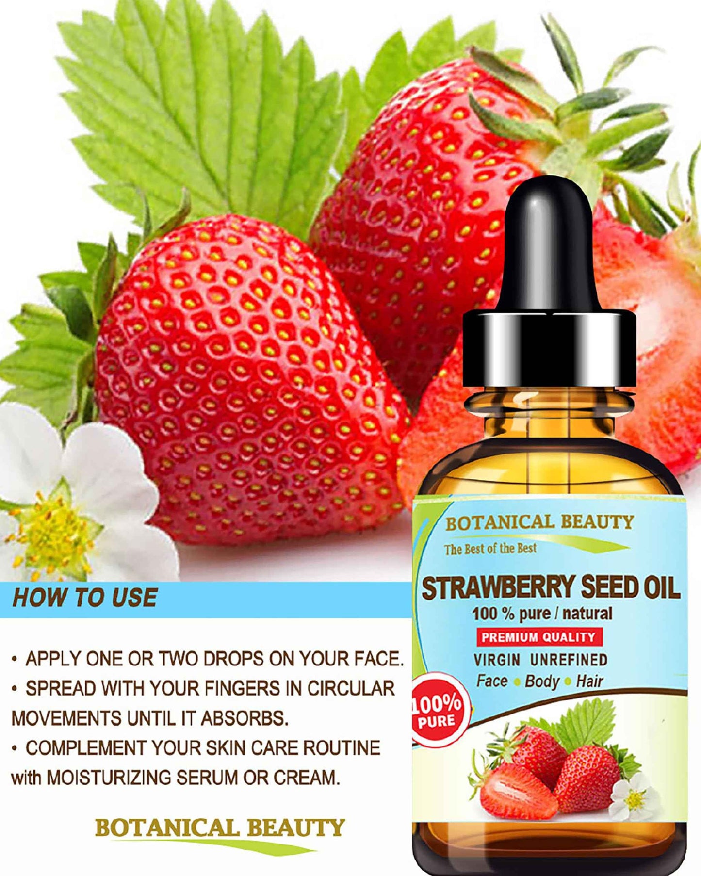 Botanical Beauty STRAWBERRY SEED OIL. 100% Pure Natural Virgin Unrefined Cold Pressed Carrier Oil 0.5 Fl Oz- 15 ml. for FACE, SKIN, BODY, DAMAGED HAIR, NAILS. Rich in Omega-3, Vitamin C, Vitamin E