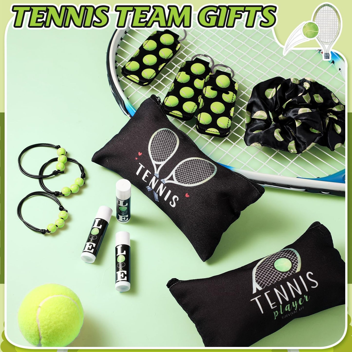 Dansib 60 Pcs Tennis Lover Gifts Set Tennis Party Supplies Include 12 Makeup Bag, Hair Scrunchies, Charm Bracelets, Lipstick and Lipstick Holder Keychain for Female Athletes