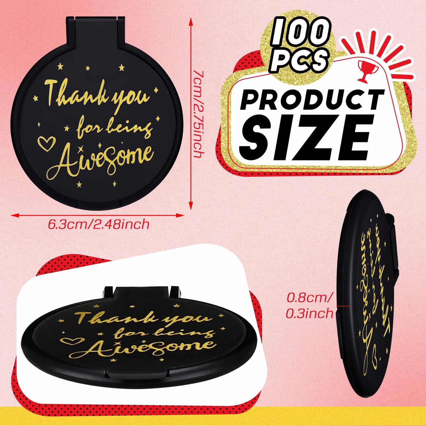 Huwena 100 Pcs Inspirational Compact Mirror Bulk Mini Gifts Women Round Purse Pocket Mirror, Mothers Day Employee Appreciation Gifts, Wedding Party Favors for Guests(Black,Thank)