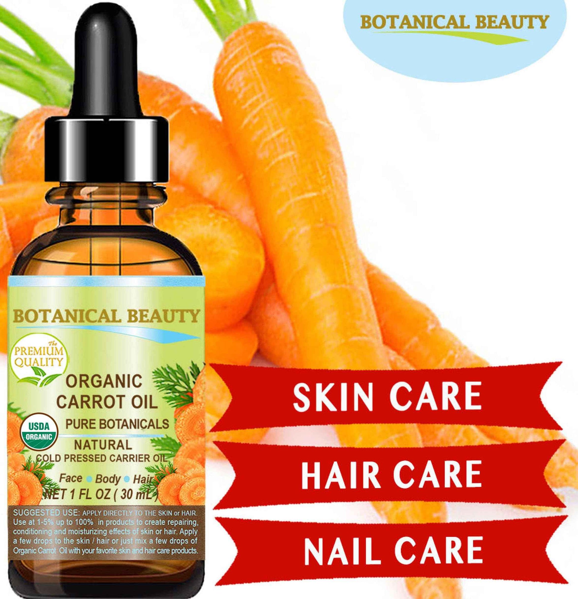 Botanical Beauty Organic CARROT SEED OIL 100% Pure VIRGIN UNREFINED Undiluted Cold Pressed Carrier Oil for Face, Skin, Body, Hair, Lip, Nails. Rich in Beta Carotene, Vitamin E (1 Fl Oz)