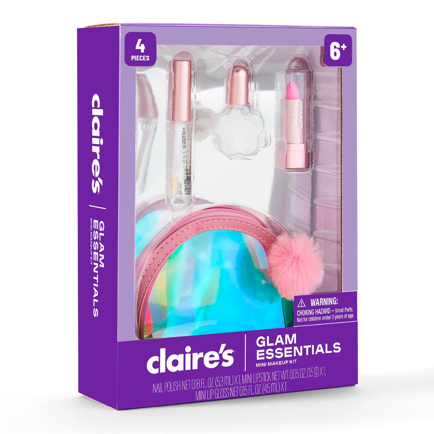 Claire's Glam Essentials Kids Makeup Kit, 4-Piece Real Cosmetic Set with Mini Pouch, Lip Gloss, Lipstick & Nail Polish, Pretend Play Make Up for Kids Ages 6+, Girl Toys & Beauty Activity Gift