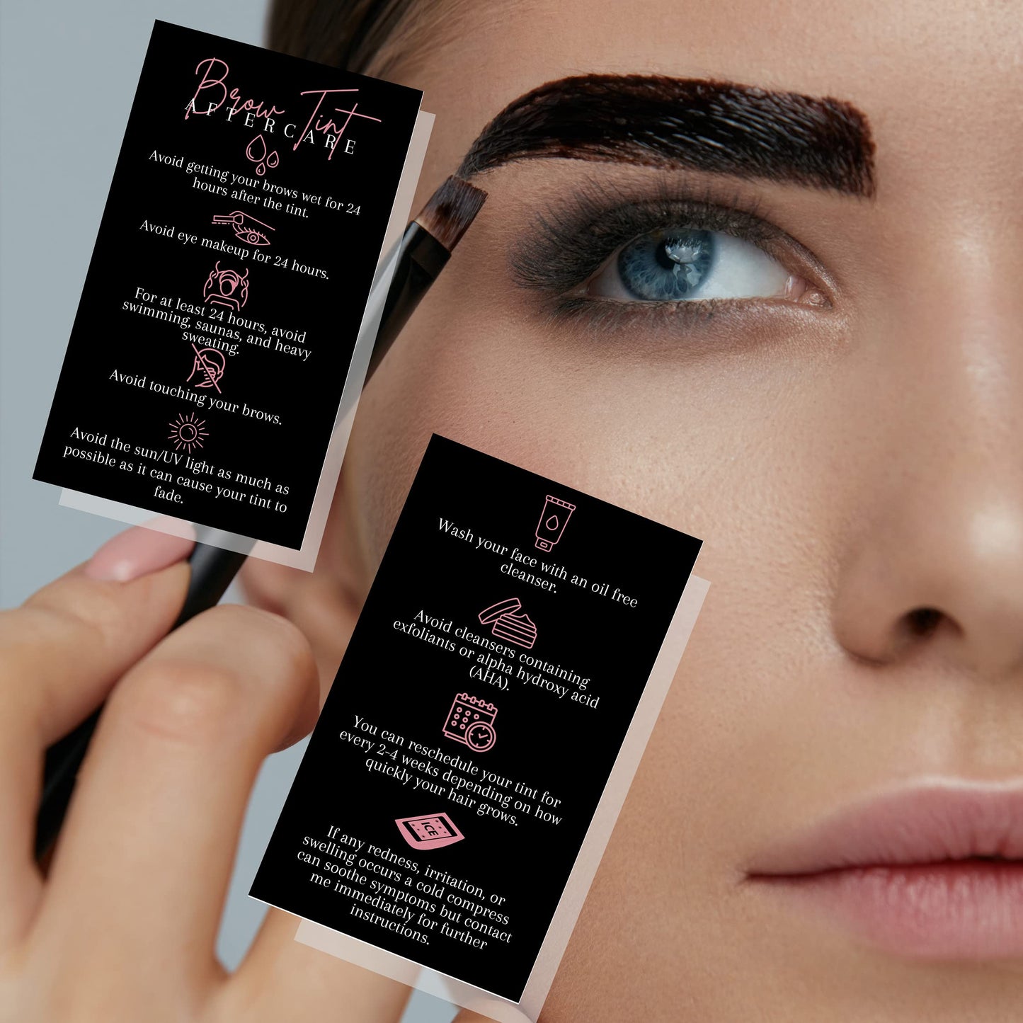 Boutique Marketing LLC Brow Tint Aftercare Card | 50 Pack | 2x3.5” inch Business Cards | Matte Black with Rosey Pink Design