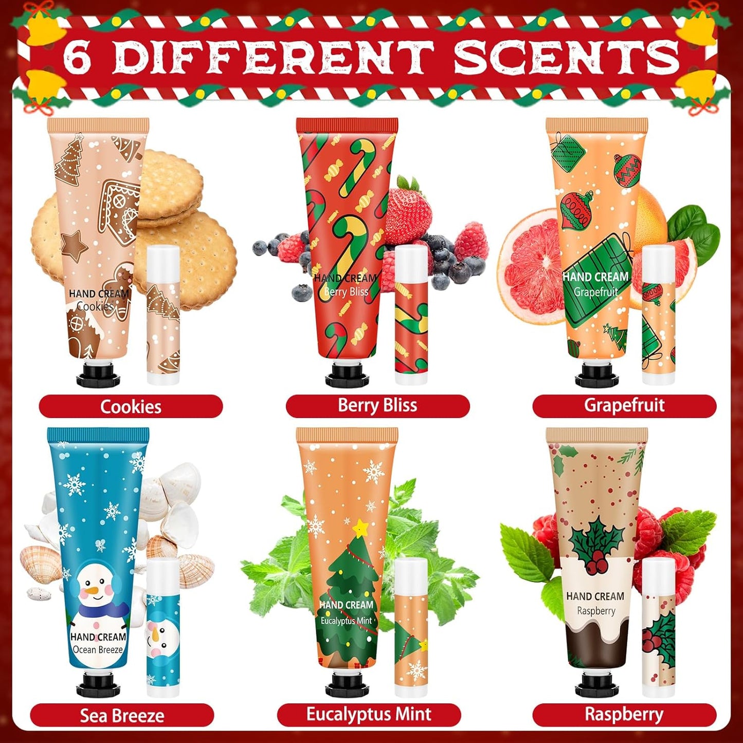 Christmas Hand Cream & Lip Balm Gift Set - 12 Sets, 48 Pcs | Travel Size, Mini Lotion for Dry Skin, Perfect Stocking Stuffers
