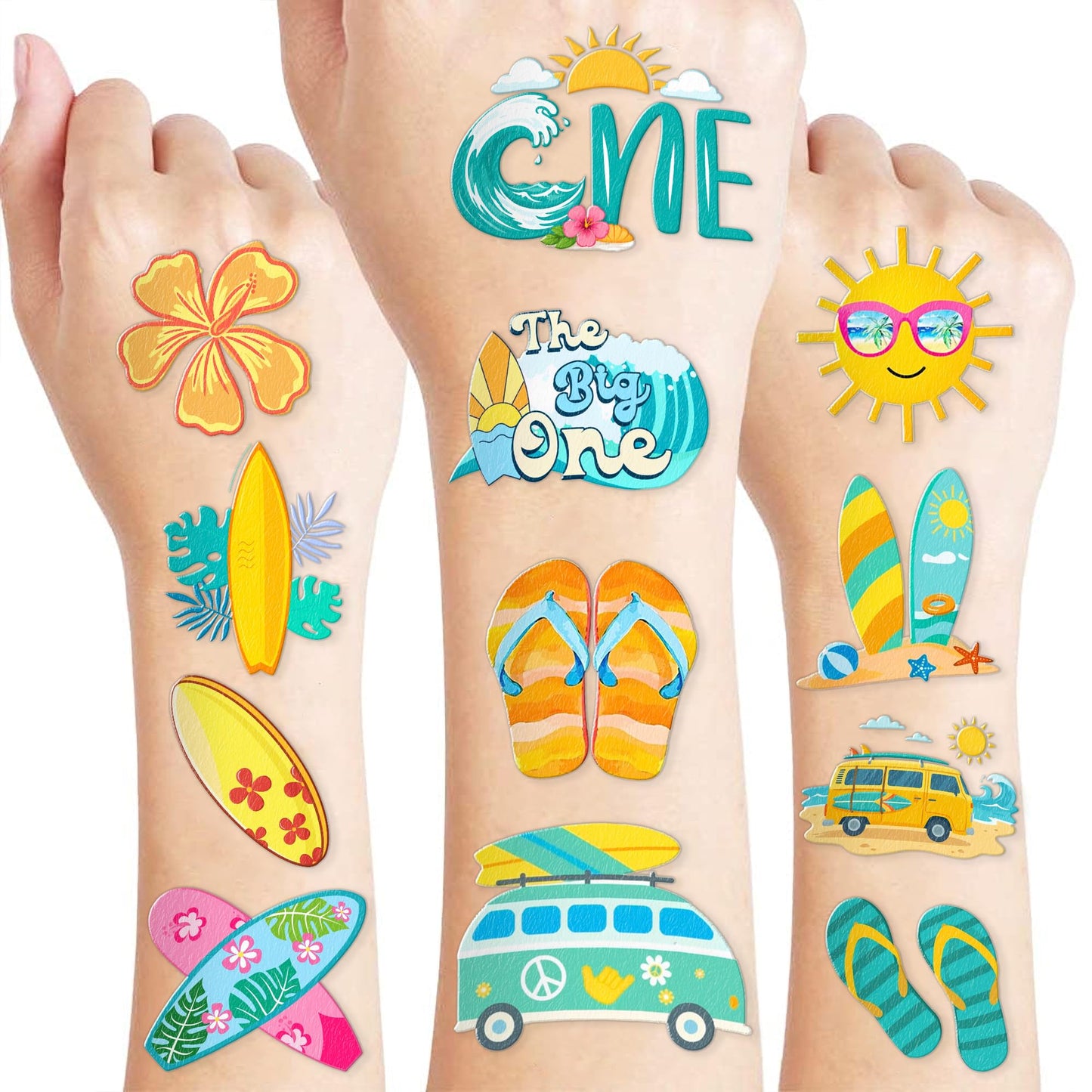Cute Surfing Temporary Tattoos - The Big One Surf Birthday Party Favors & Supplies - Summer Beach Themed Stickers - 10 Sheets, 100 PCS Gifts for Kids Boys Girls