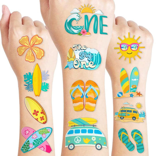 Cute Surfing Temporary Tattoos - The Big One Surf Birthday Party Favors & Supplies - Summer Beach Themed Stickers - 10 Sheets, 100 PCS Gifts for Kids Boys Girls