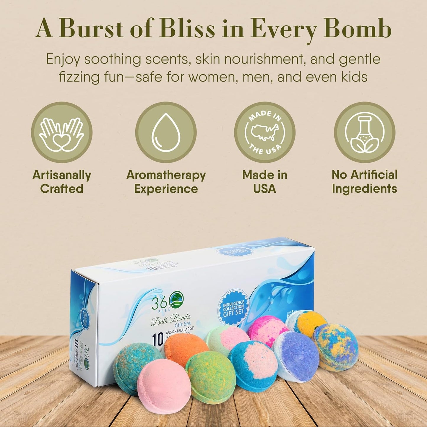 Handcrafted Bath Bombs Gift Set | Moisturizing Essential Oil Fizz - Large 10-Pack - Non-Staining & Glitter Free