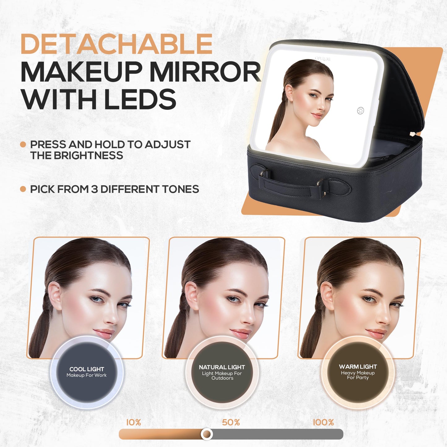 OPULUXE Makeup Bag Detachable LED Mirror With Stand 3 Adjustable Brightness 5x Zoom LED Travel Mirror Portable Cosmetics Case Brush Holder Organizer Adjustable Dividers Faux Leather Waterproof Gift