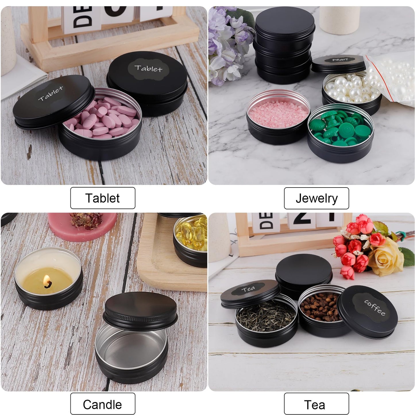 OBKJJ 60 Pack Round Cans with Screw Lid 4 Oz Aluminum Metal Tins DIY Food Candle Containers for Lotion Bars, Balms, Salve, Spices, Beard Balm, Crafts with 4 Markers 2 Sheets Label Stickers
