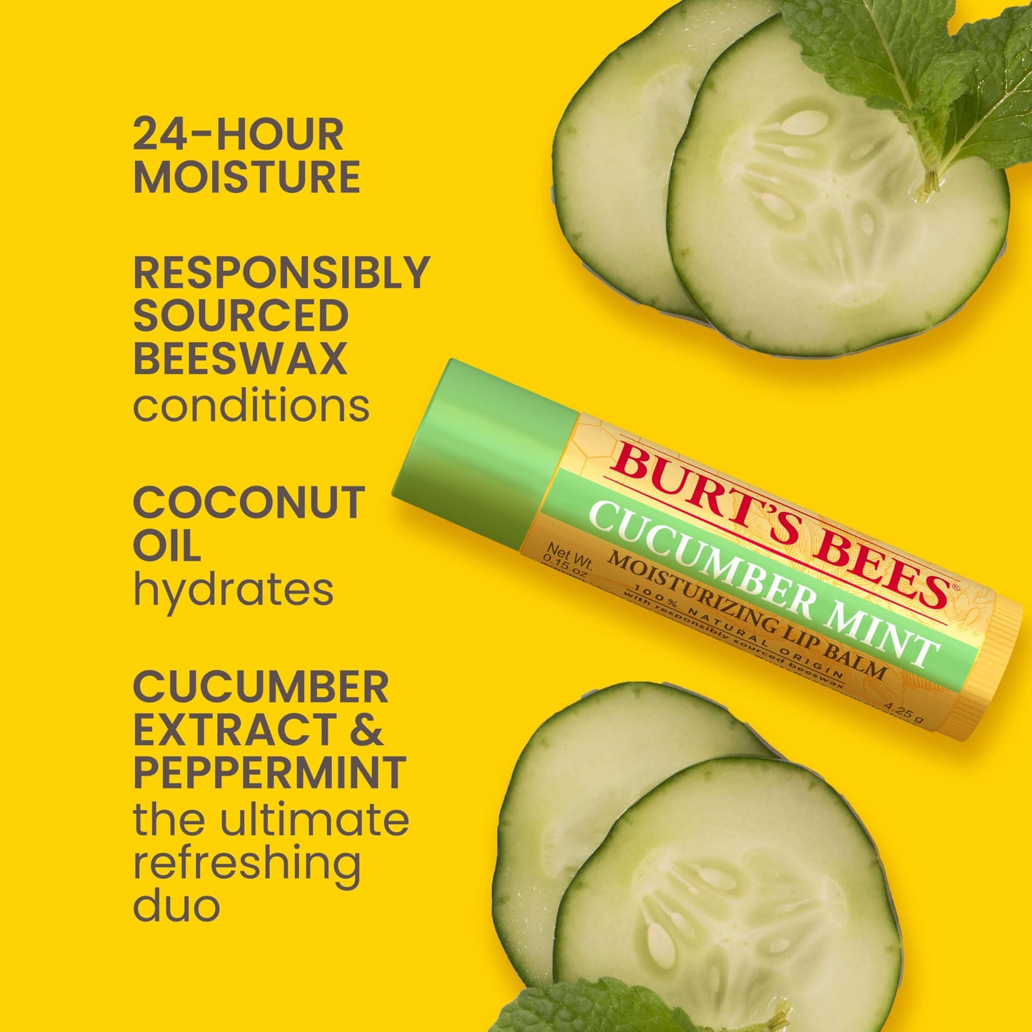 Burt's Bees Lip Balm, Original Beeswax, Cucumber Mint, Watermelon & Sweet Mandarin, With Responsibly Sourced Beeswax, Tint-Free, Natural Origin Treatment, 0.15 oz., Four Tubes