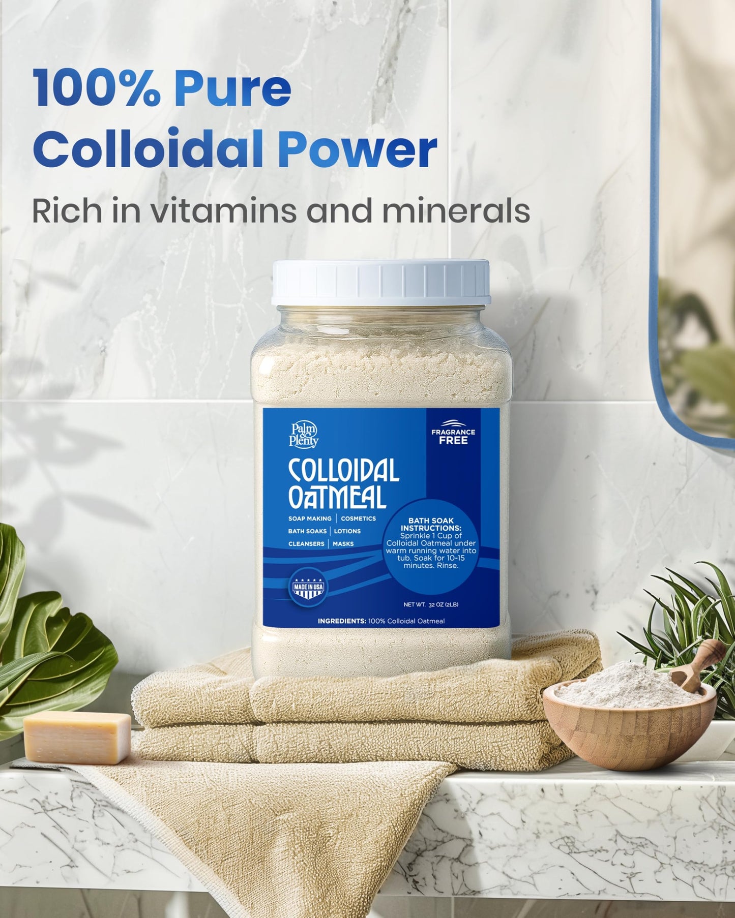 Palm and Plenty 100% Colloidal Oatmeal - Unscented, Ideal for DIY Bath Products, Skincare, Cosmetics, Natural Oatmeal Bath for Itching Adults, Soothing Agent for Itchy, Irritated Skin, 32oz