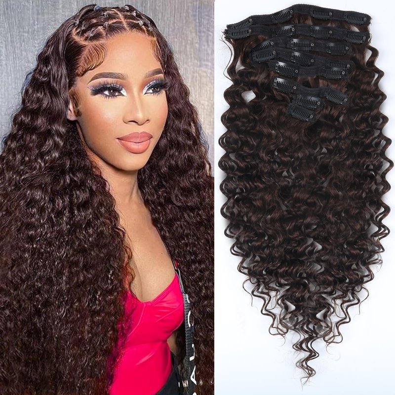 Curly Clip in Hair Extensions Real Human Hair 16inch 100g Invisible & Seamless 100% Brazilian Remy Human Extension Deep Wave Clip ins Extensions Double Weft 8 PCS with 20 Clips #2 Dark Brown