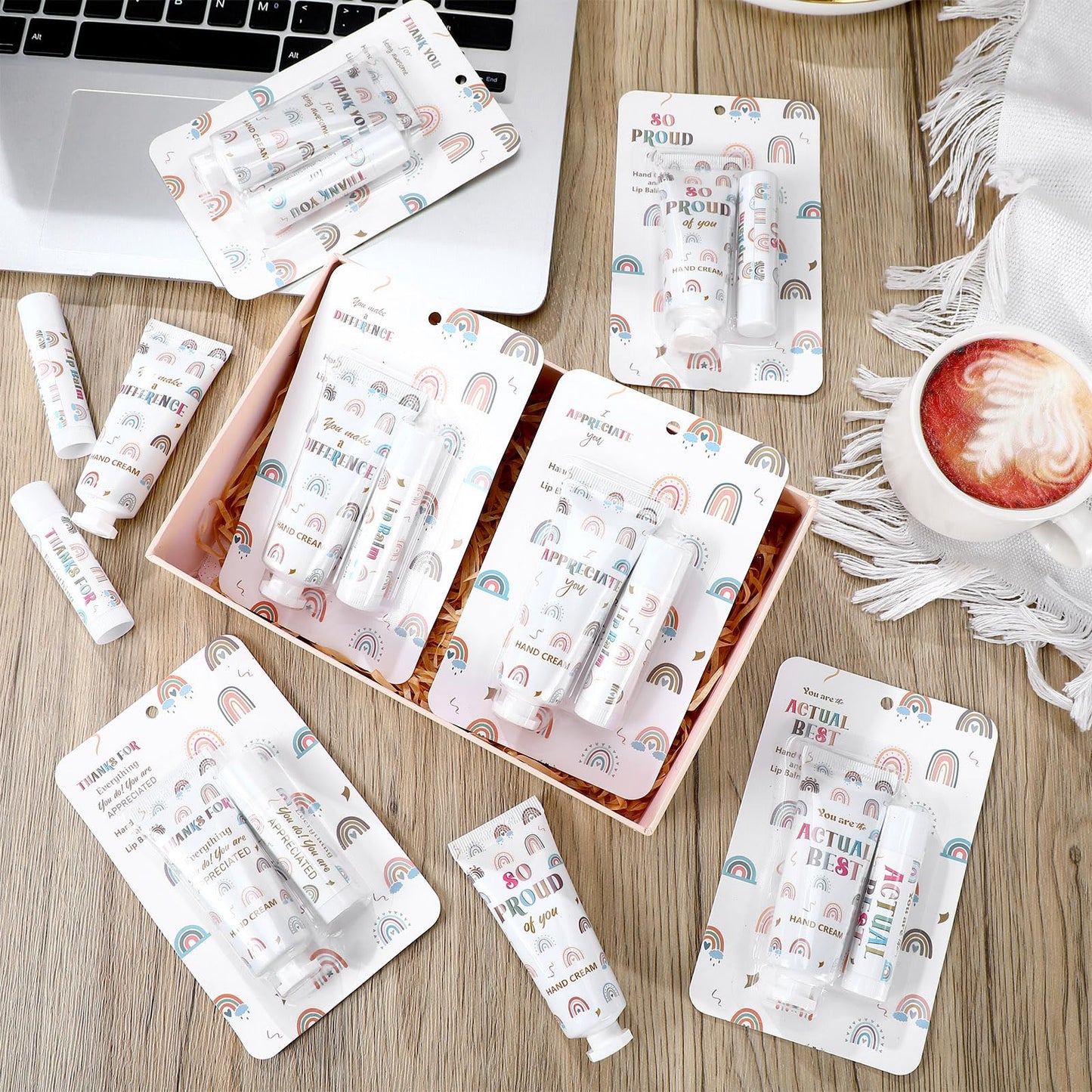 Loopeer 24 Set/ 48 Pcs End of Year Teacher Employee Appreciation Gift Bulk Boho Rainbow Lip Balm Hand Cream Lotion Set Small Staff Team Thank You Gifts Party Favors for Women Employee Coworker