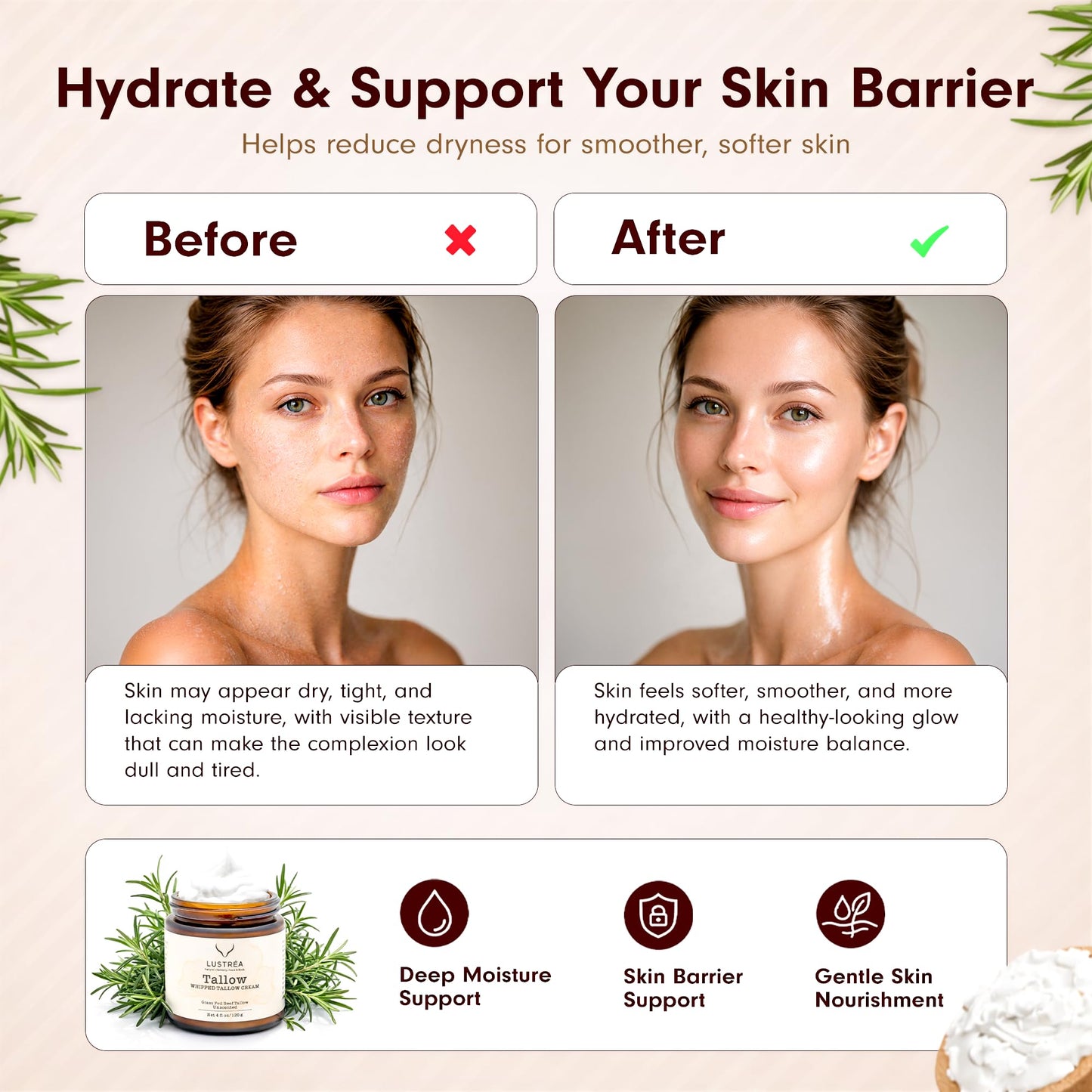 LUSTRÉA Whipped Tallow Cream for Face & Body 4oz (120g) Unscented | Grass Fed Beef Tallow Face Cream | Hydrating Face Cream for Sensitive Skin | Non-Greasy Skin Moisturizer | Multi-Use Body Balm