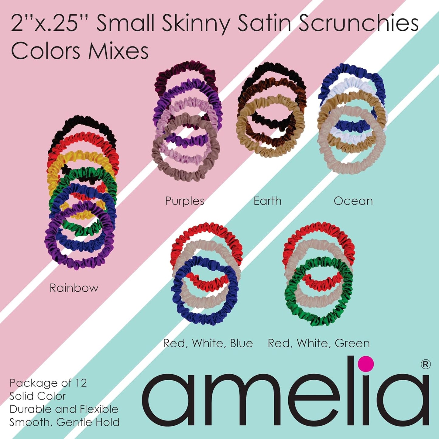 Amelia Beauty, Black, Skinny Satin Scrunchies, 12 Pack – 2in Diameter, Gentle & Strong Hold, No-Snag, No-Dent, Crease-Free Hair Ties