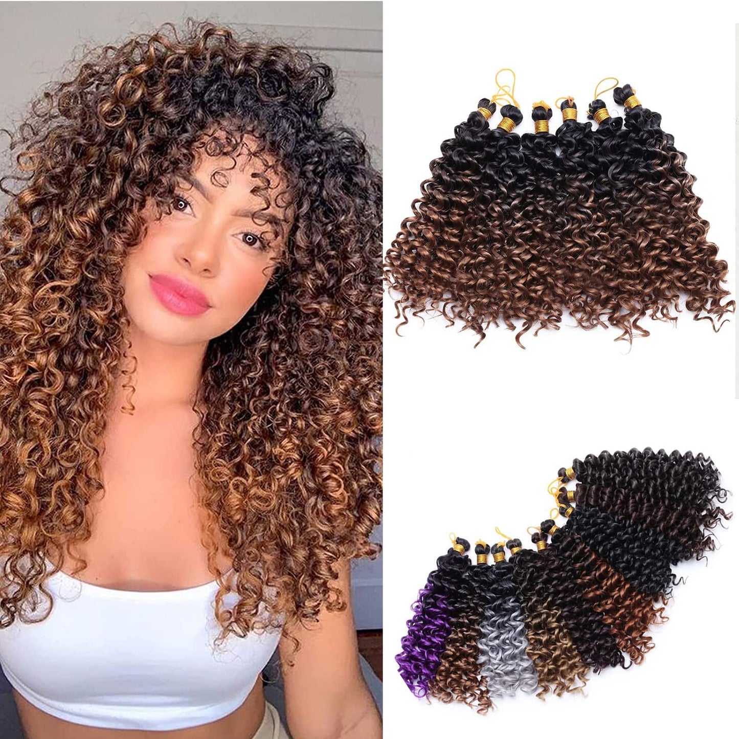 S-noilite 9 Bundles Marlybob Curl Crochet Hair Extension Water Wave Deep Wave Short Crochet Hair Bohemian Braiding Hair Extensions Ombre Synthetic Marley Braid Hair (8"-9bundles,Black to Coffee Brown)