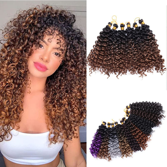 S-noilite 9 Bundles Marlybob Curl Crochet Hair Extension Water Wave Deep Wave Short Crochet Hair Bohemian Braiding Hair Extensions Ombre Synthetic Marley Braid Hair (8"-9bundles,Black to Coffee Brown)