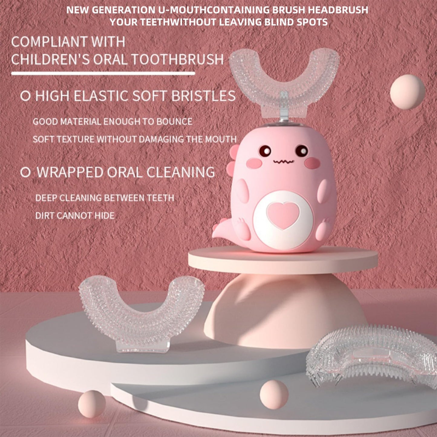 PLAYIKO Kids U Shaped Electric Toothbrush with 4 Brush Heads, 360° Sonic Automatic Toothbrush with 3 Cleaning Modes, IPX7 Waterproof Cartoon Dinosaur Design (Ages 2-12)