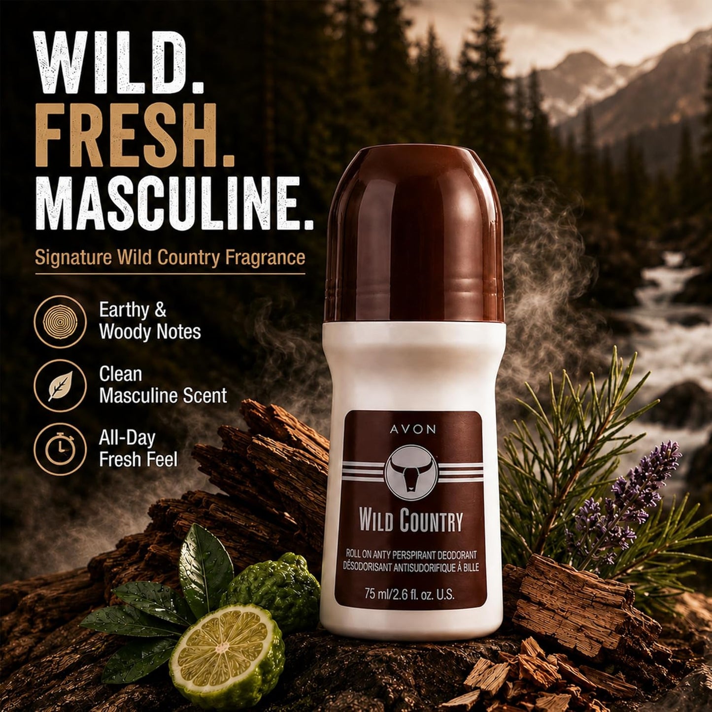 AVON Wild Country Roll-On Antiperspirant Deodorant for Men - 24-Hour Odor Protection, Quick-Dry Formula | Pack of 4, 2.6 oz