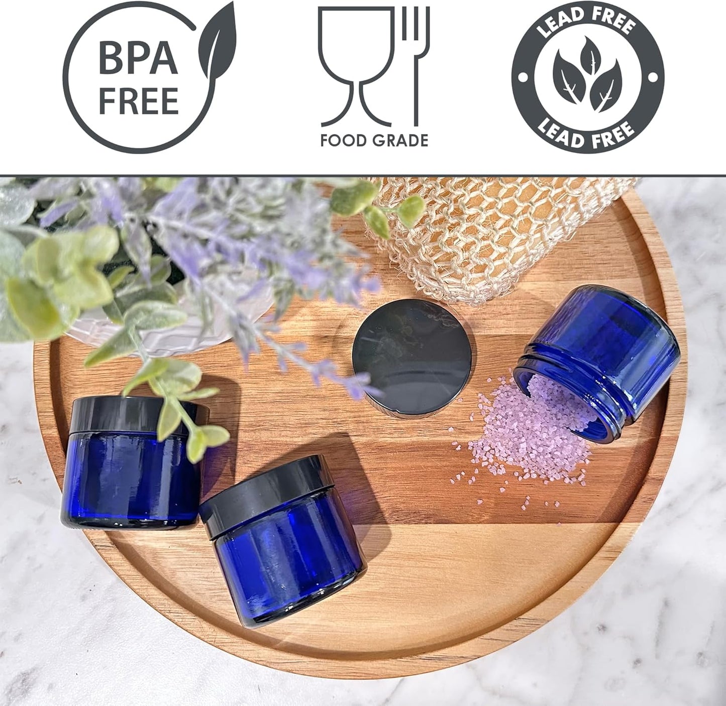 Cobalt Blue Glass Cosmetic Jars - 2oz Straight Sided Jars with Black Lined Lids | Pack of 12 for Balms & Creams
